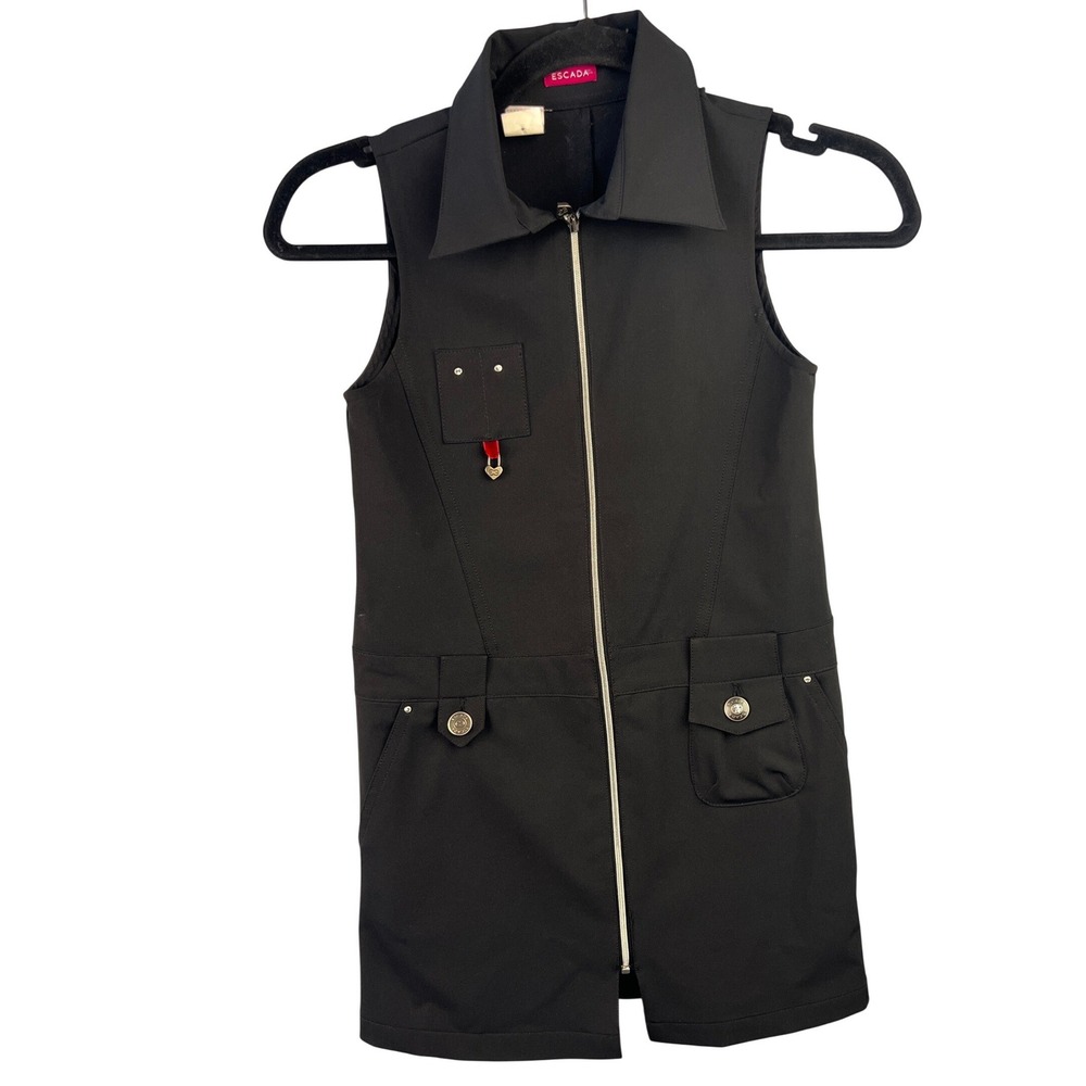 Escada Black Sleeveless Full Zip Mini Dress Heart-shaped‎ Charms Made in France
